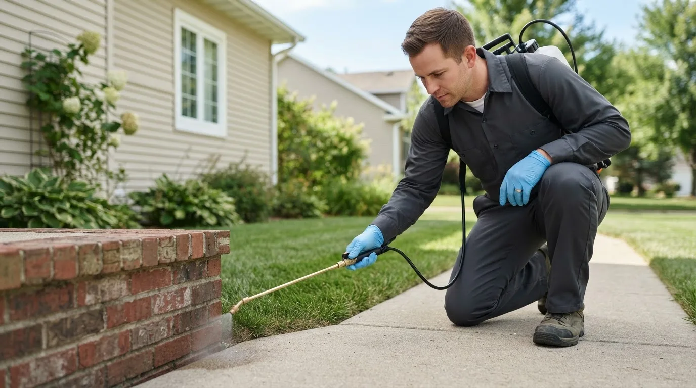 Pest control technician treating a home near Mazeppa, MN