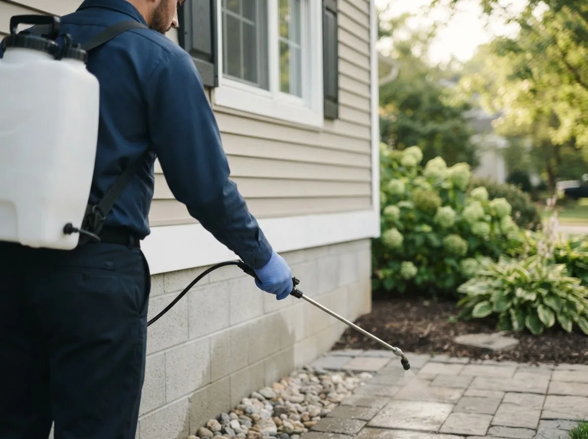 Pest control technician inspecting a home in Mazeppa, MN